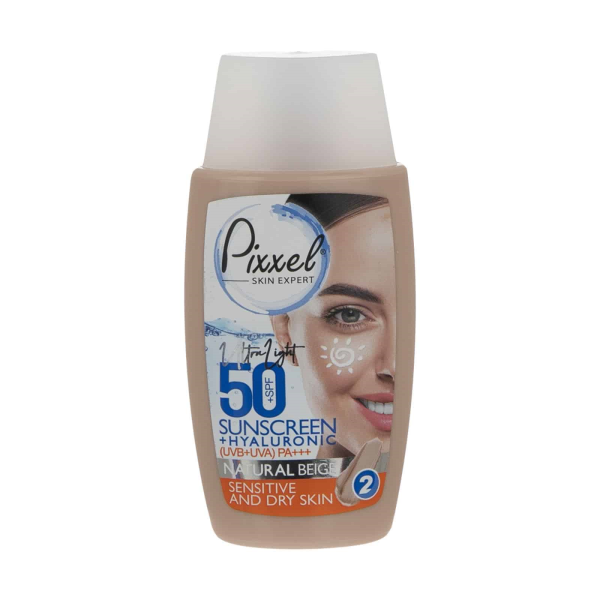 کرم ضد آفتاب SPF50 پیکسل مناسب پوست خشک و حساس حجم ۵۰ میل – بژ طبیعی
